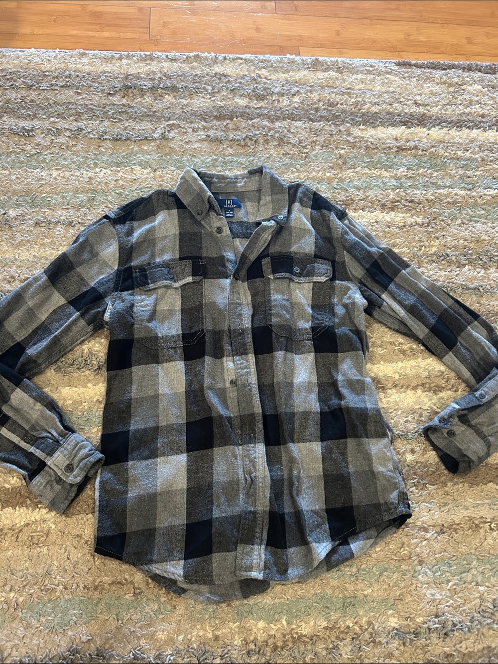 George Gray and Black Plaid Button-Down Shirt